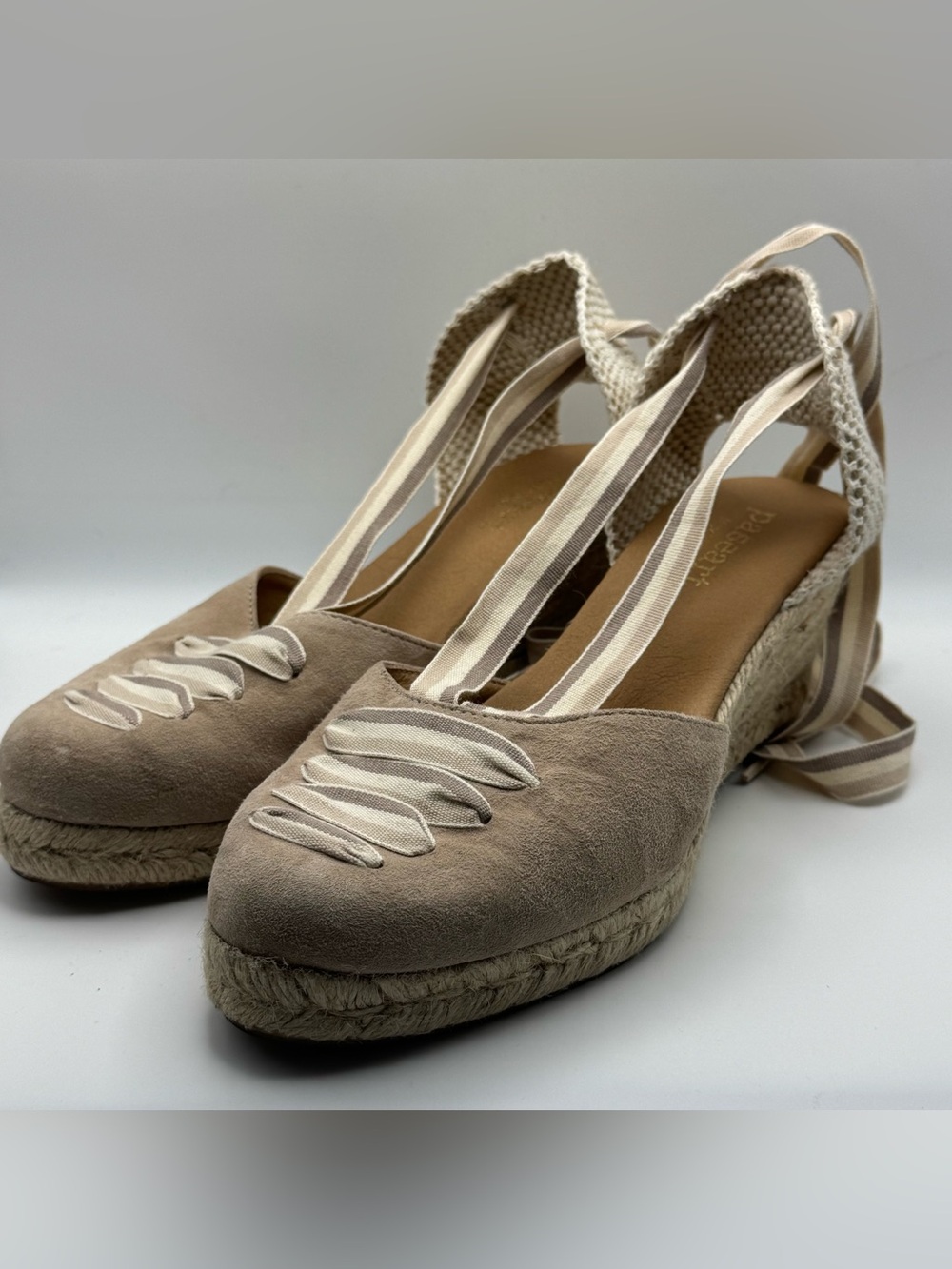 Paseart Espadrille Lace-Up Wedge Sandals US 9/9.5 (EU 40) Beige Suede Spain
